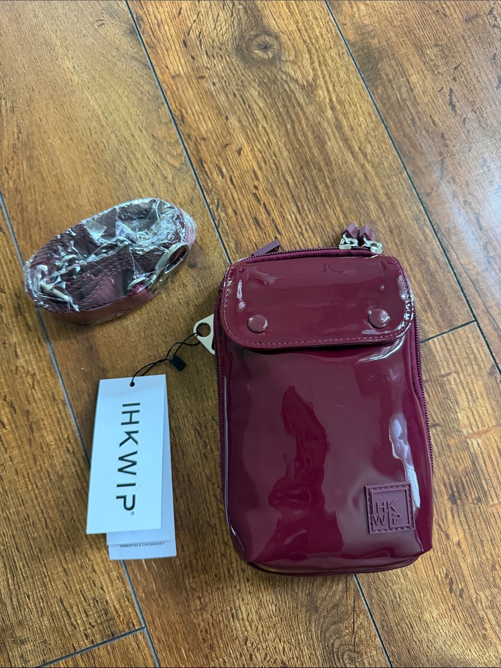 HK WIP Patent Burgundy Crossbody Phone Pouch